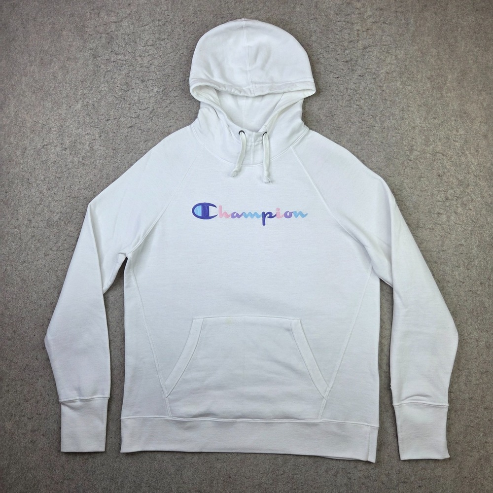 Champion Hoodie Mens M White Pullover Spellout Chest Logo Soft Sweatshirt